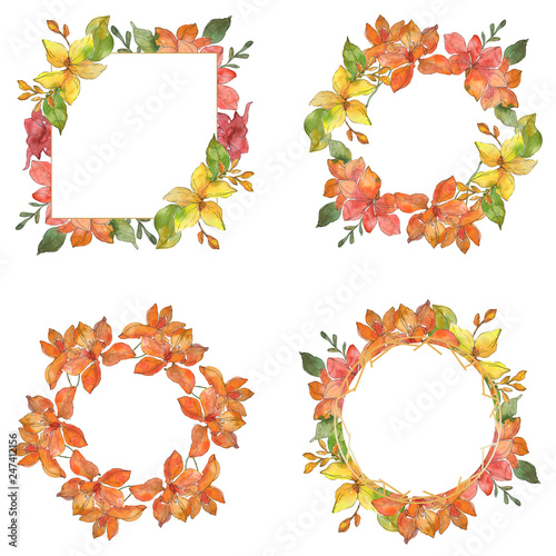 Red and yellow tropical floral botanical flowers. Watercolor background illustration set. Frame border ornament square.