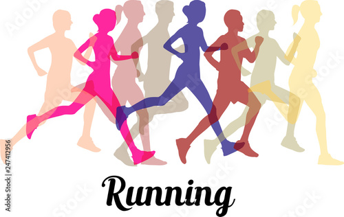 Silhouettes of people with different colors running with the word running underneath