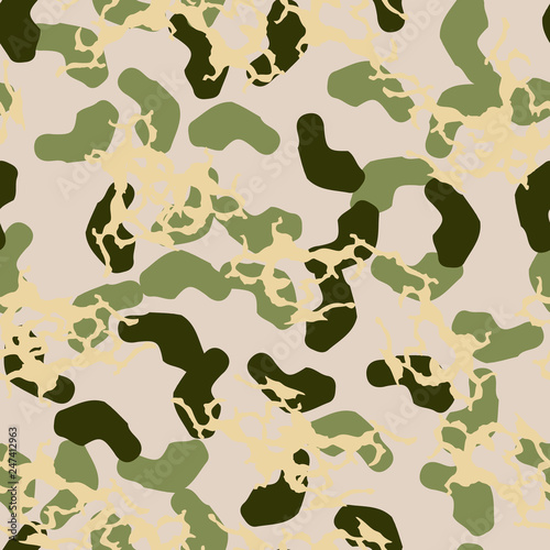 Forest camouflage of various shades of green, beige and yellow colors
