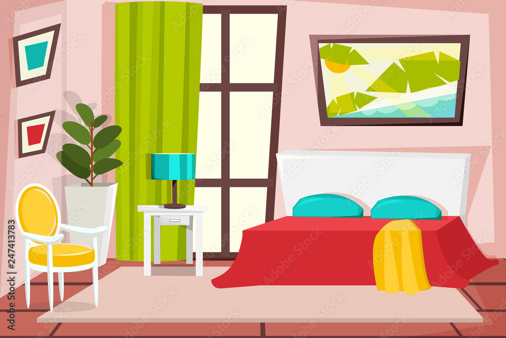Cozy interior of the bedroom in cartoon style. Bed, window, carpet, lamp,  table and chair. Vector. Stock Vector | Adobe Stock