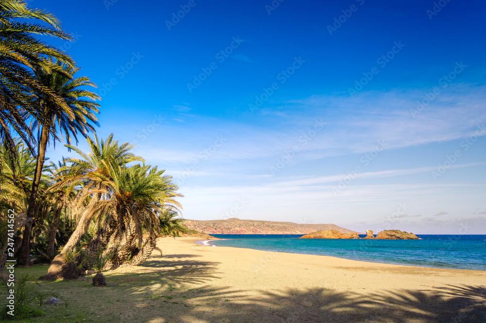 Scenic landscape of palm trees, turquoise water and tropical beach, Vai, Crete, Greece. Scenic landscape of palm trees, turquoise water and tropical beach, Vai, Crete, Greece.