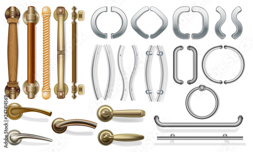 A set of door handles for doors of different types. push handles for entrance doors, between rooms. Metal and wood. For web design. Isolated on white background. Vector illustration.