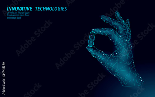Doctor hand holding drug capsule medicine business concept. Banner finders hold a pill medicament prebiotic probiotic health care. Antibiotic vitamin medical nutrition low poly vector illustration