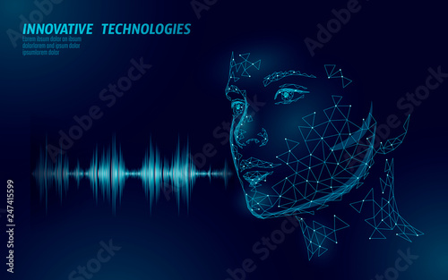 Virtual assistant voice recognition service technology business concept. AI artificial intelligence robot help work support. Chatbot beautiful female face low poly program vector illustration