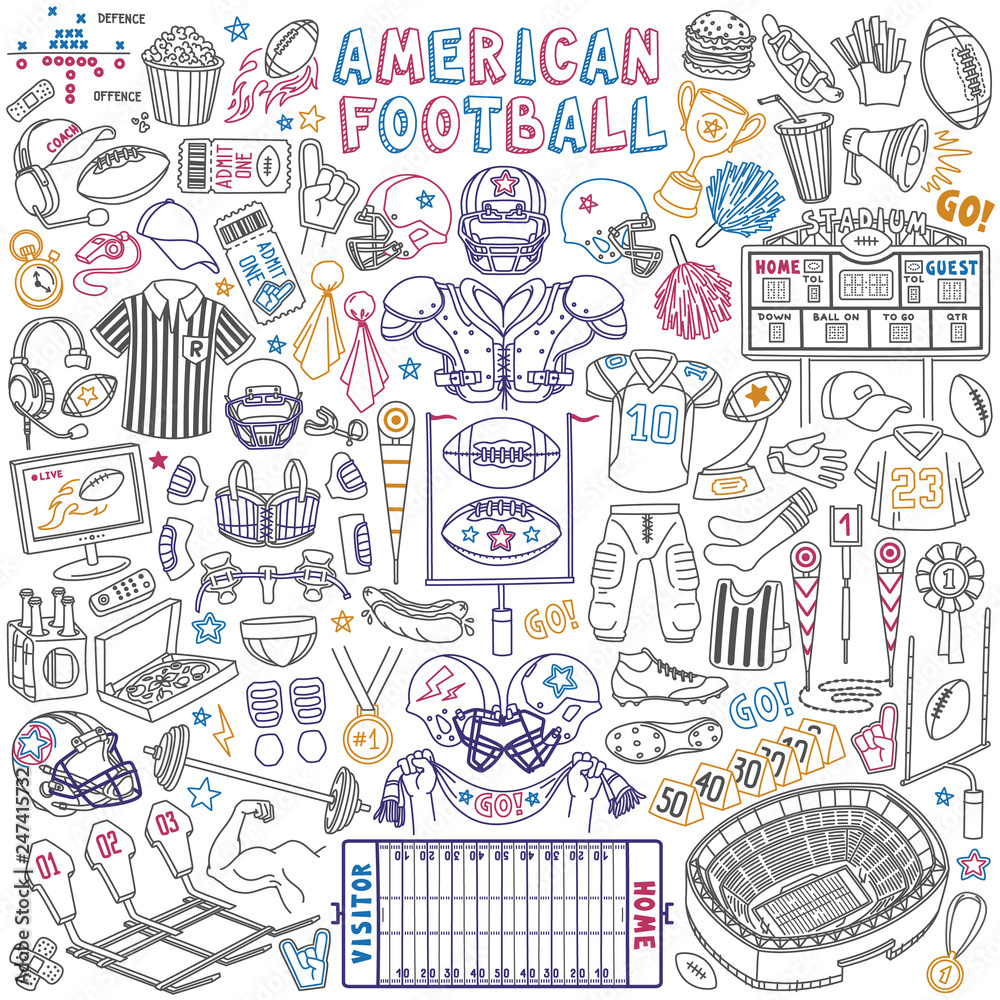 American football doodle set. Sport objects - stadium, field, athletic equipment and pigskin ball. Vector drawing isolated on white background.