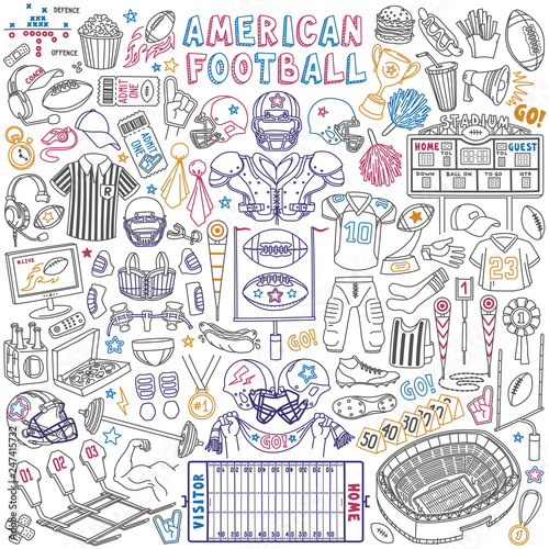 American football doodle set. Sport objects - stadium, field, athletic equipment and pigskin ball. Vector drawing isolated on white background.