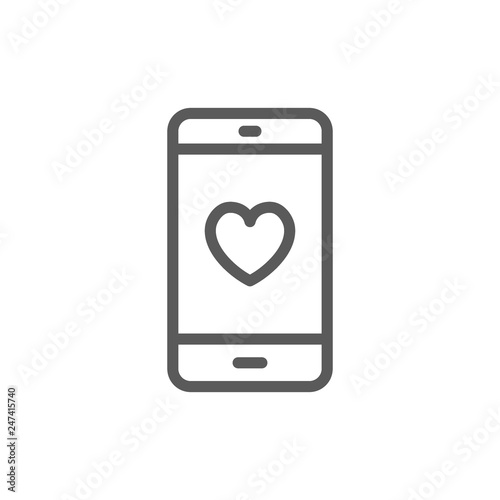 Smartphone with heart on display, love message line icon.