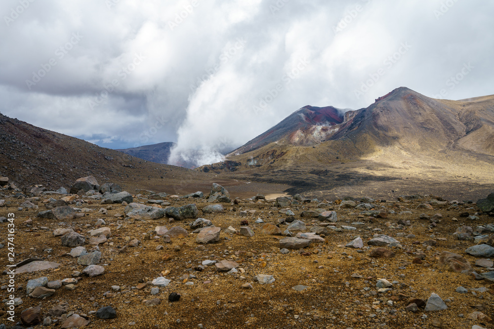 tongariro alpine crossing,smoke in volcanic crater, new zealand 3
