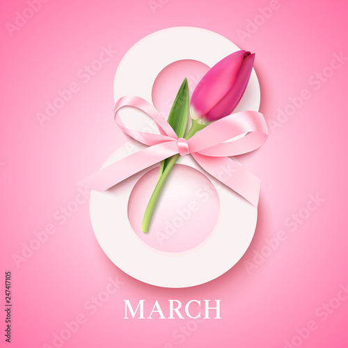 Fototapeta Szczęśliwego Dnia Kobiet. Koncepcja 8 marca. Osiem z różowym tulipanem i ozdobną kokardką. Ilustracji wektorowych