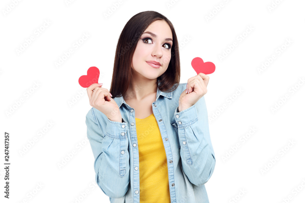 Beautiful woman holding paper hearts on white background Beautiful woman holding paper hearts on white background