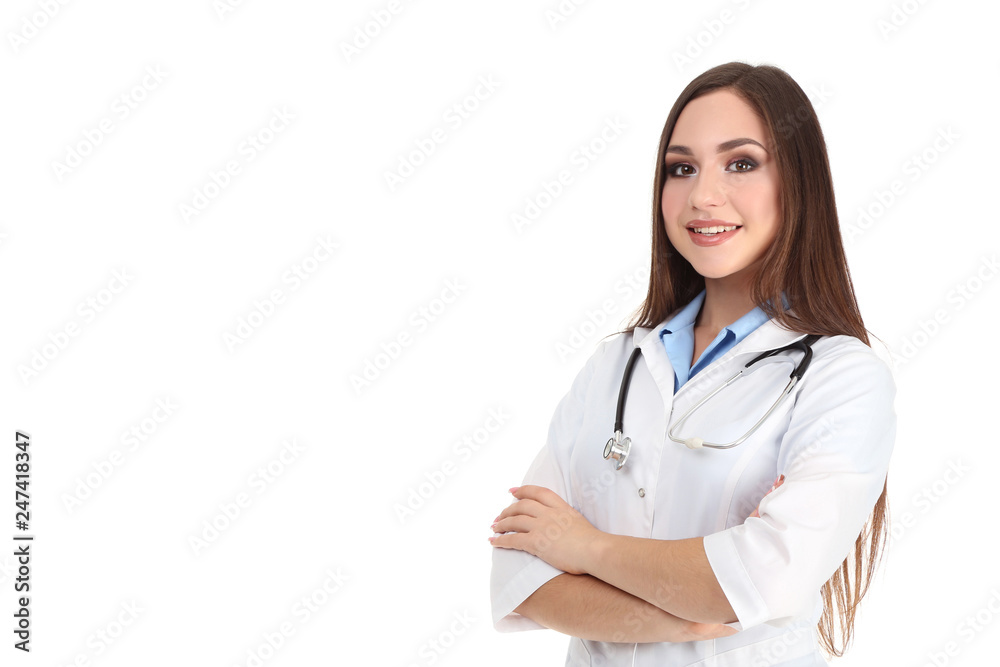 Portrait of young doctor with stethoscope on white background Portrait of young doctor with stethoscope on white background