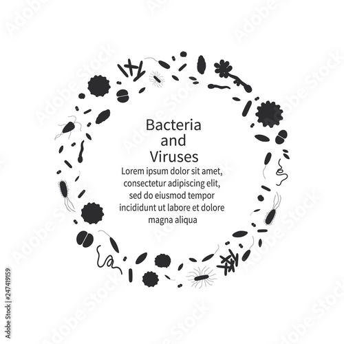 Simple black background with different dangerous viruses and bacteria. Template with text for web design and print. Vector illustration