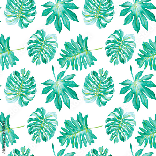 Hand-painted watercolor pattern. Exotic tropical leaves