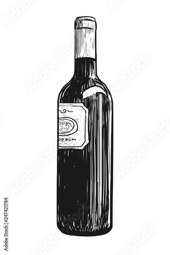 Bottle of wine vintage hand drawn etching sketch isolated on white background. Vector illustration.