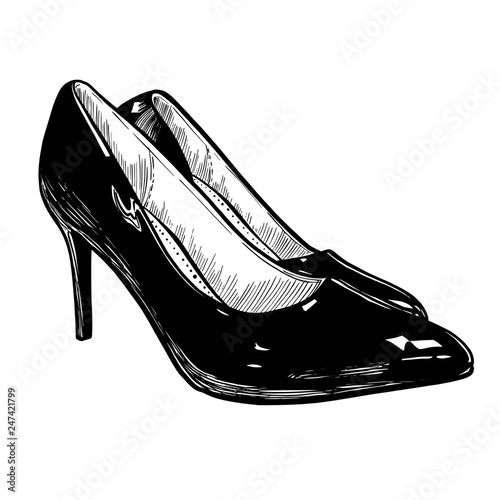 Sketch ink graphic pair of shoes illustration, draft silhouette drawing, black on white line art. Vintage etching fashion design.