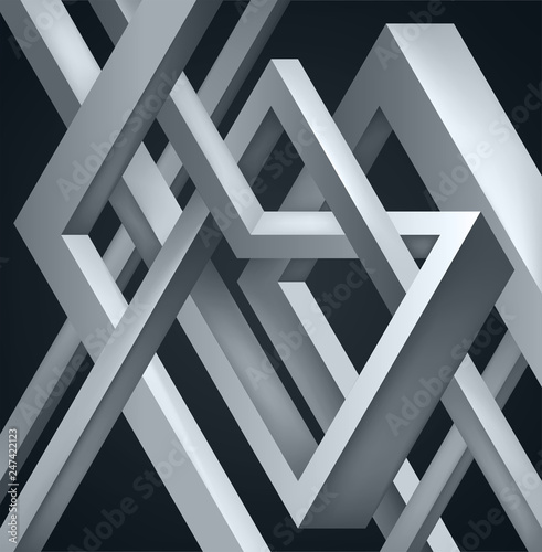 3D Twisted Composition of abstract forms. Shapes puzzle. Vector unreal construction on dark background