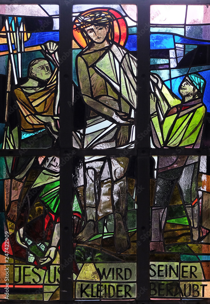 10th Stations of the Cross, Jesus is stripped of His garments, stained glass window in Saint Lawrence church in Kleinostheim, Germany