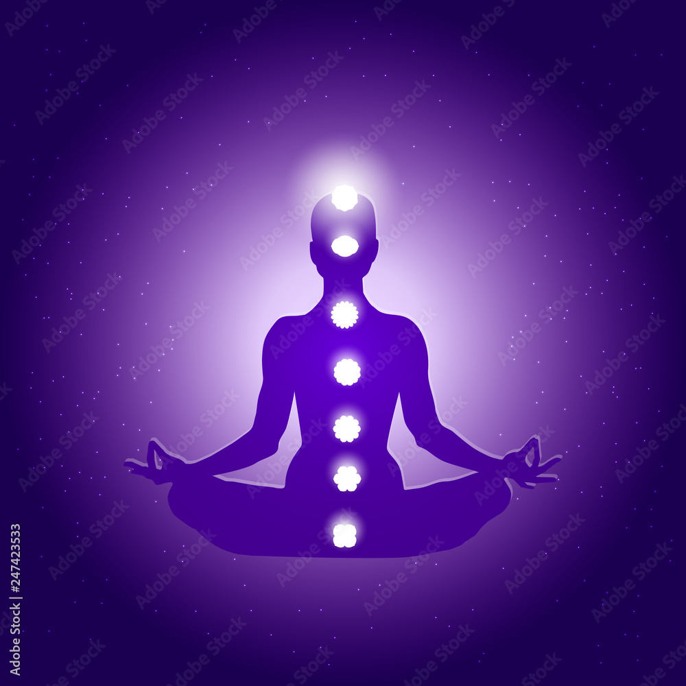 Human body in yoga lotus asana and seven chakras symbols on dark blue purple starry background