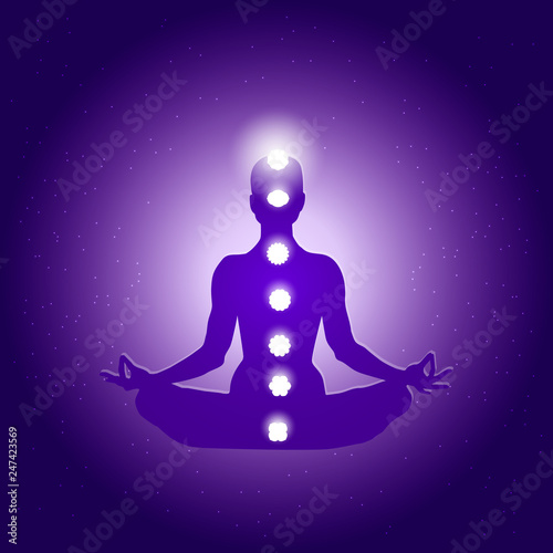 Human body in yoga lotus asana and seven chakras symbols on dark blue purple starry background