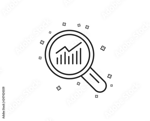 Chart line icon. Report graph or Sales growth sign in Magnifying glass. Analysis and Statistics data symbol. Geometric shapes. Random cross elements. Linear Data analysis icon design. Vector