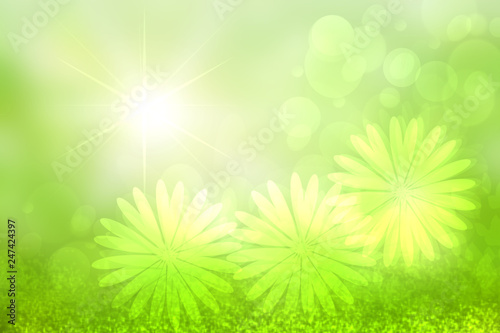 Abstract bright spring or summer landscape texture with natural green bokeh lights and flowers and bright sunny rays. Spring or summer background with copy space.