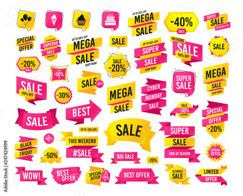 Sales banner. Super mega discounts. Birthday party icons. Cake with ice cream signs. Air balloons with rope symbol. Black friday. Cyber monday. Vector