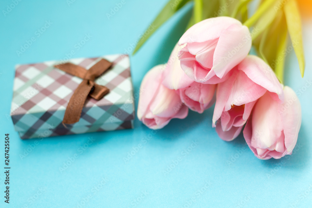 Pink tulips on the blue background with gift box. Flat lay, top view. Valentines background Pink tulips on the blue background with gift box. Flat lay, top view. Valentines background
