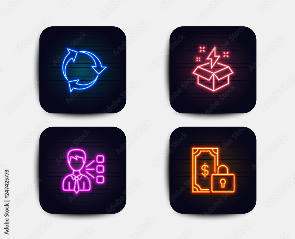 Neon set of Recycle, Third party and Creative idea icons. Private payment sign. Recycling waste, Team leader, Lightning. Secure finance. Neon icons. Glowing light banners. Vector Neon set of Recycle, Third party and Creative idea icons. Private payment sign. Recycling waste, Team leader, Lightning. Secure finance. Neon icons. Glowing light banners. Vector