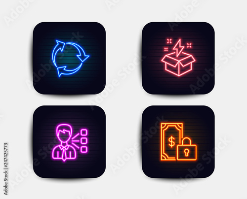 Neon set of Recycle, Third party and Creative idea icons. Private payment sign. Recycling waste, Team leader, Lightning. Secure finance. Neon icons. Glowing light banners. Vector