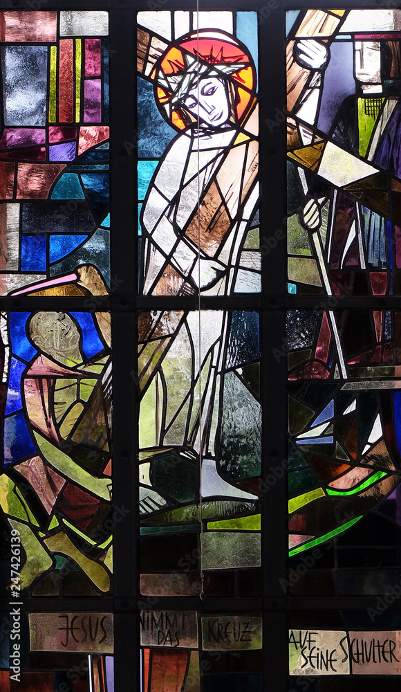 2nd Stations of the Cross, Jesus is given his cross, stained glass window in Saint Lawrence church in Kleinostheim, Germany 