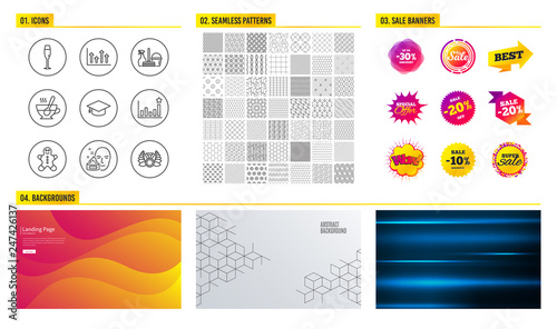 Seamless pattern. Shopping mall banners. Set of Tea cup, Upper arrows and Face cream icons. Efficacy, Gingerbread man and Graduation cap signs. Vector