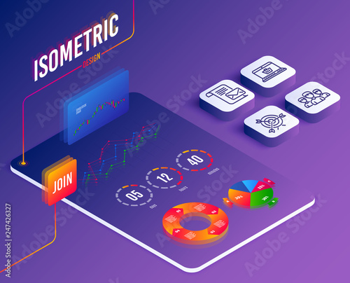Isometric vector. Set of Mail letter, Group and Online shopping icons. Target sign. Read e-mail, Group of people, Notebook with shopping cart. Targeting.  Software or Financial markets. Vector
