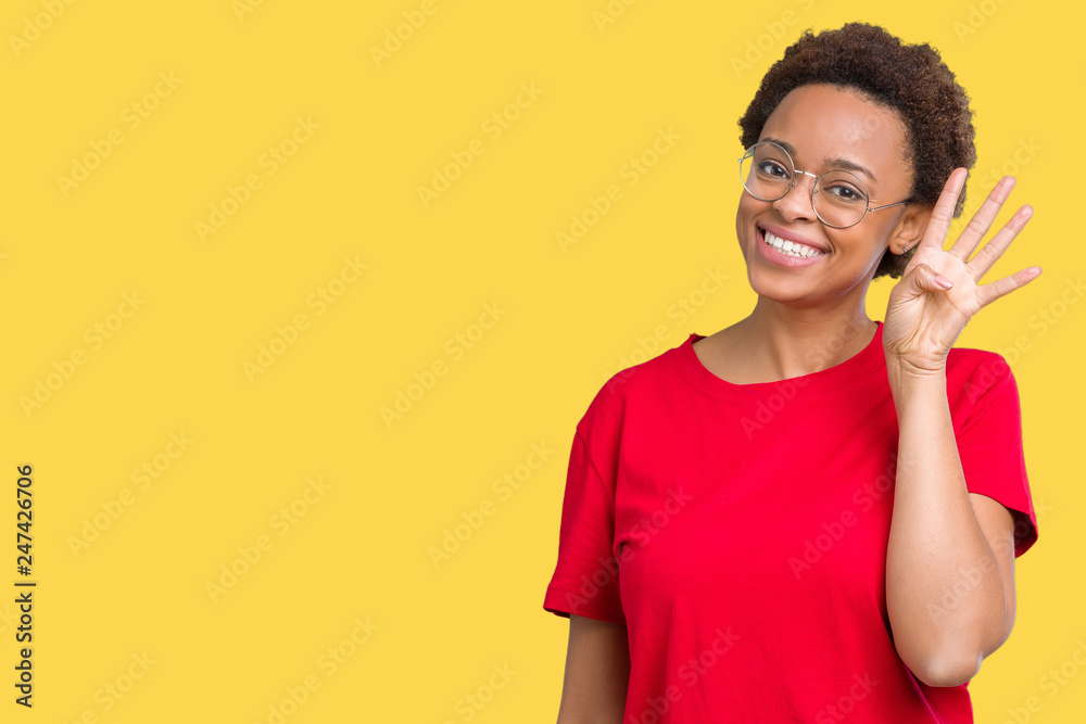 Beautiful young african american woman wearing glasses over isolated background showing and pointing up with fingers number four while smiling confident and happy. Beautiful young african american woman wearing glasses over isolated background showing and pointing up with fingers number four while smiling confident and happy.