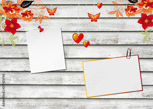 photo frame with blank paper on a wooden background