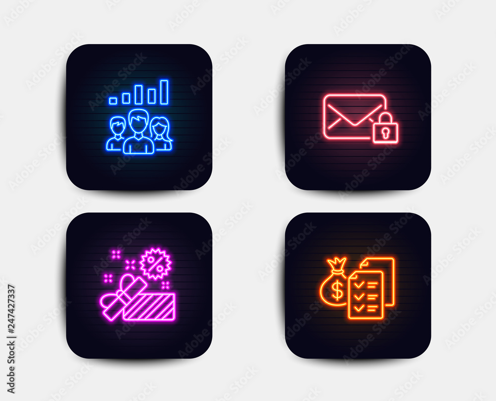 Neon glow lights. Set of Sale, Secure mail and Teamwork results icons. Accounting wealth sign. Gift box, Private e-mail, Group work. Audit report. Neon icons. Glowing light banners. Vector Neon glow lights. Set of Sale, Secure mail and Teamwork results icons. Accounting wealth sign. Gift box, Private e-mail, Group work. Audit report. Neon icons. Glowing light banners. Vector