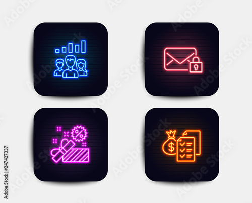 Neon glow lights. Set of Sale, Secure mail and Teamwork results icons. Accounting wealth sign. Gift box, Private e-mail, Group work. Audit report.  Neon icons. Glowing light banners. Vector