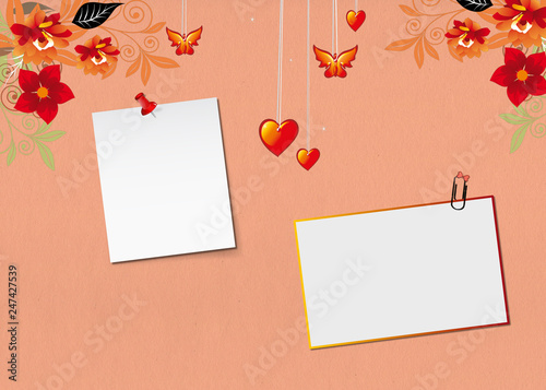 photo frame with flowers and leaves on white background