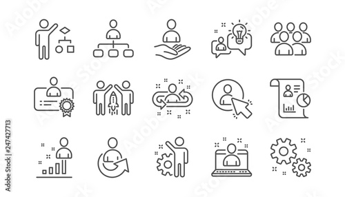 Management line icons. Business people, Algorithm and Group. Startup strategy linear icon set.  Vector