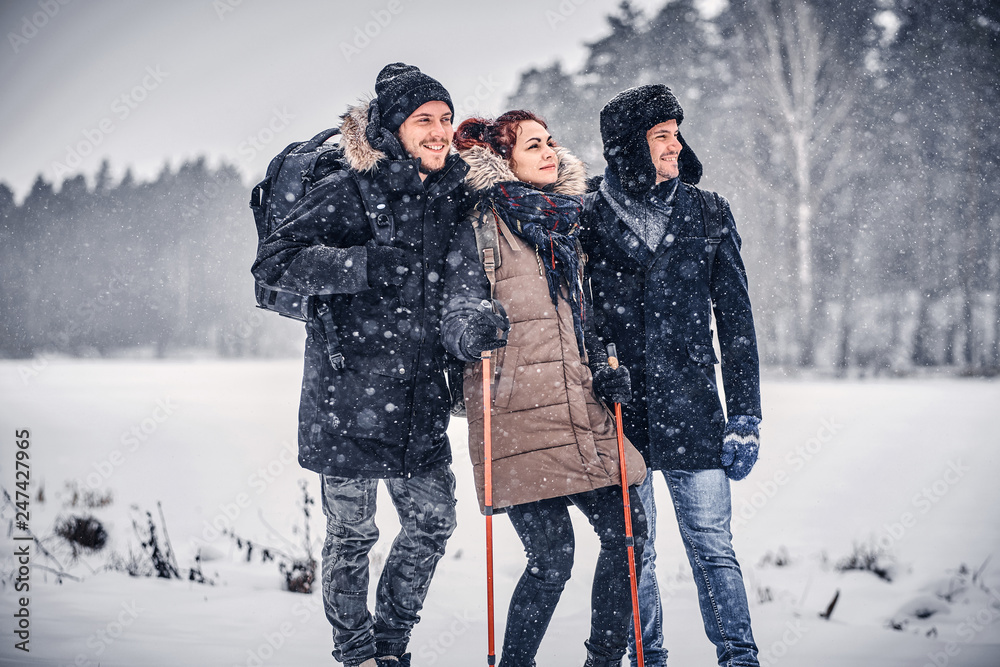 A group of cheerful friends having fun together, stand next to each other and look away, hiking on a snowy forest