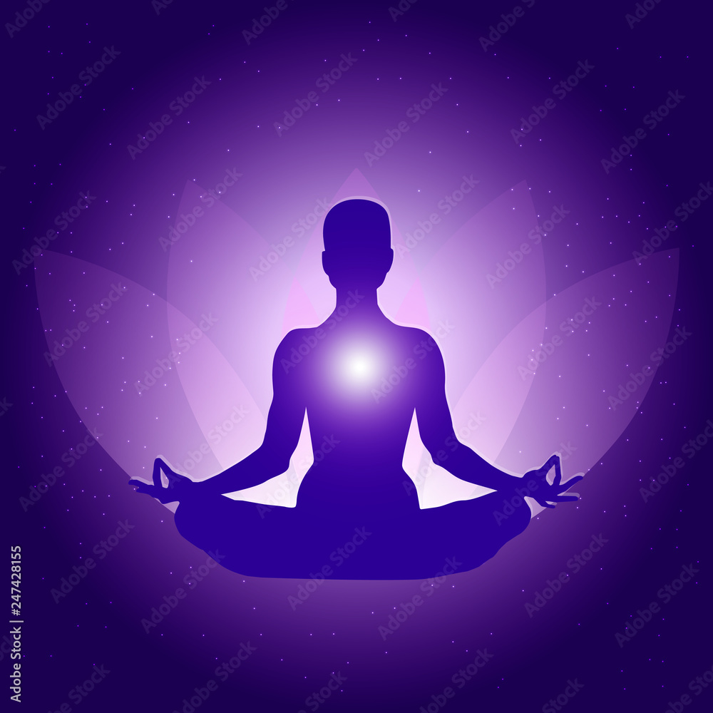 Silhouette of Person in yoga lotus asana on dark blue purple background with lotus flower and light