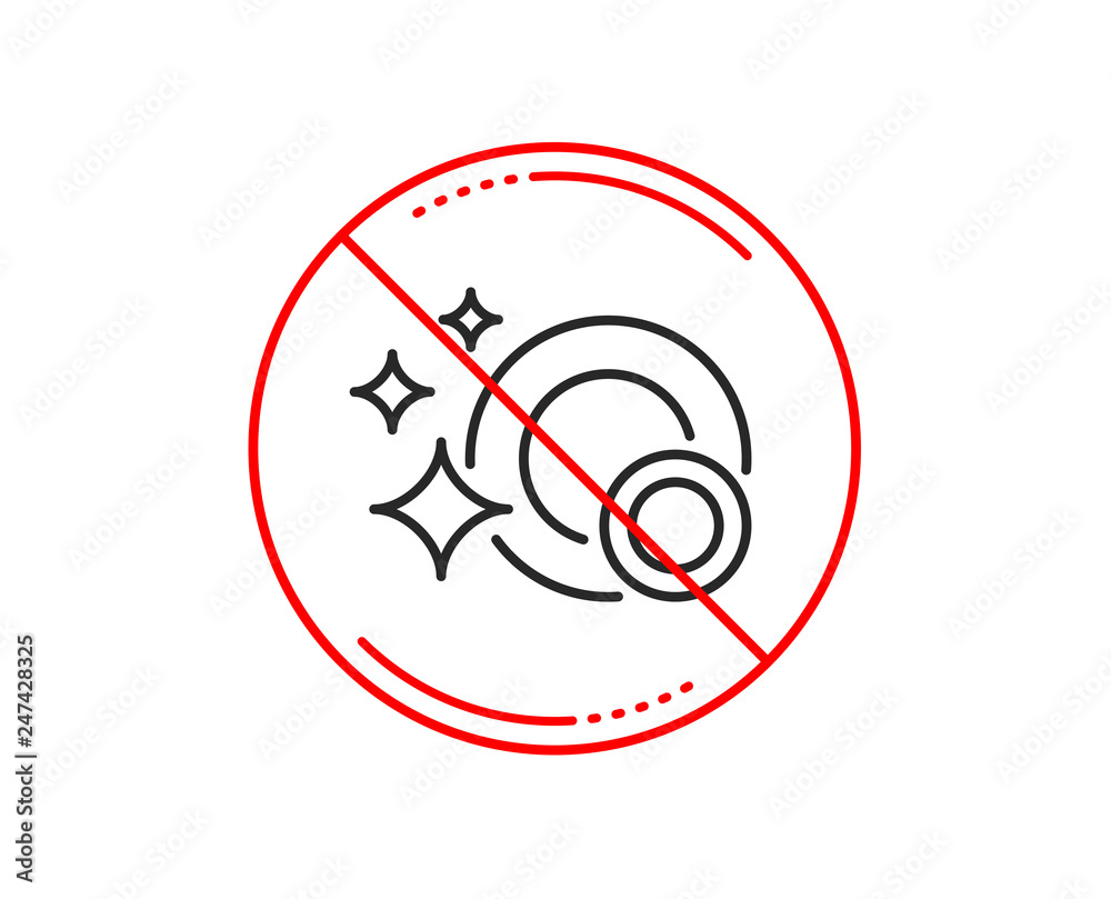 No or stop sign. Cleaning dishes line icon. Dishwasher sign. Clean
