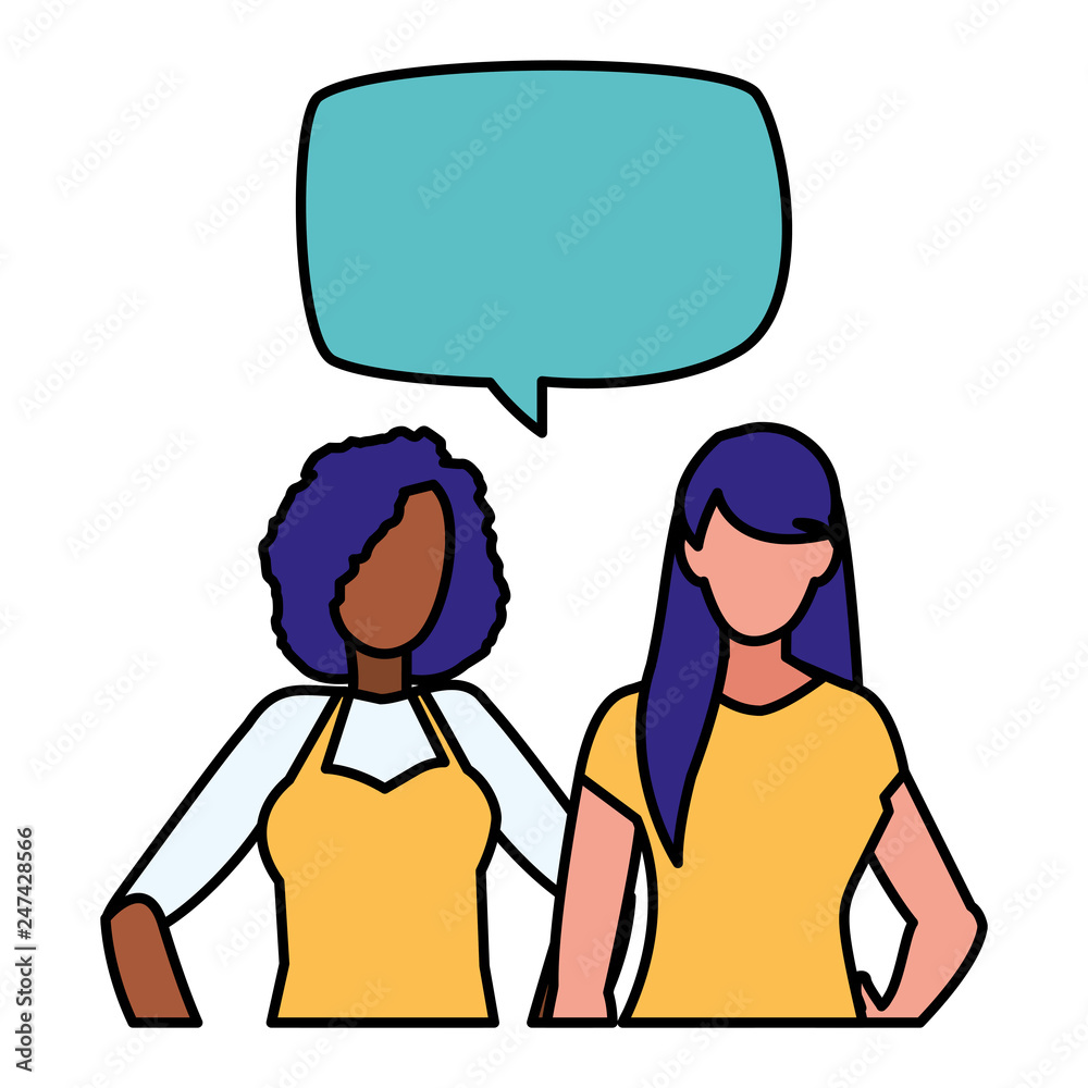 couple of girls interracial characters with speech bubbles couple of girls interracial characters with speech bubbles
