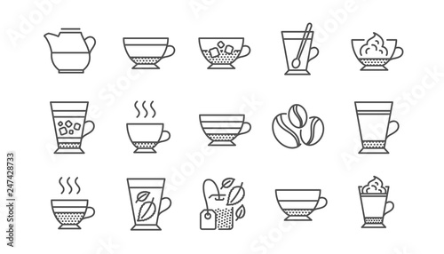 Coffee types and Tea icons. Mocha, Cappuccino and Latte. Americano cup linear icon set.  Vector