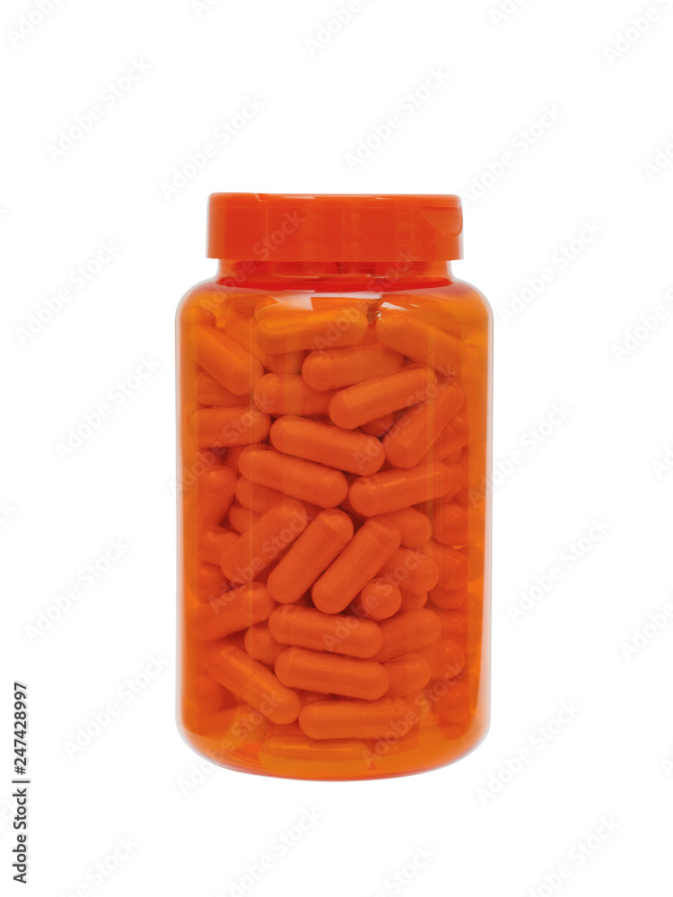 transparent small bottle filled with medicinal pills, isolated on a white background transparent small bottle filled with medicinal pills, isolated on a white background