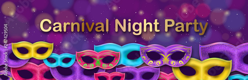 Carnival Night Party banner with gold Lettering. Masquerade Masks on shiny bokeh background. Mardi Gras invitation card. Funfair flyer.