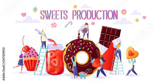 Concept of sweets food production. Happy flat people character making tasty cupcake, chocolate and cookies, handmade organic strawberry jam in a large glass jar, woman pours glaze big donut.