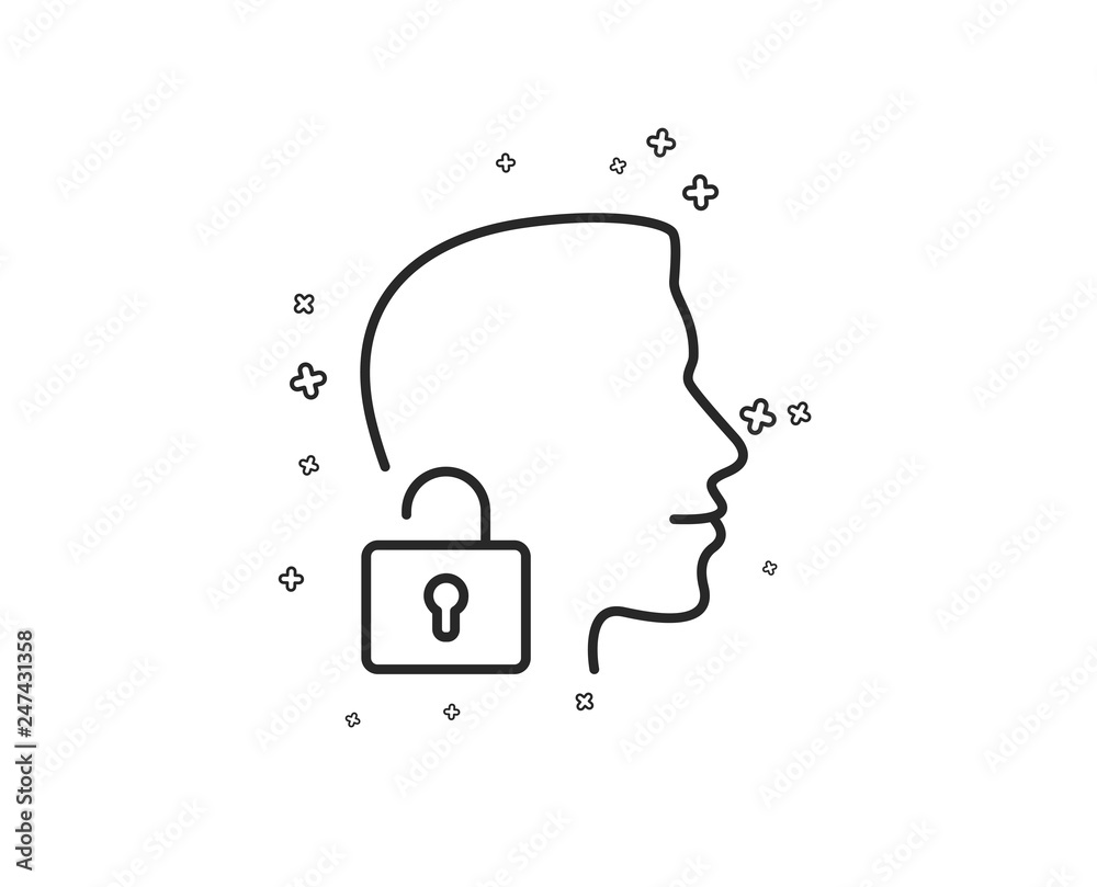 Face accepted line icon. Access granted sign. Unlock system symbol. Geometric shapes. Random cross elements. Linear Unlock system icon design. Vector Face accepted line icon. Access granted sign. Unlock system symbol. Geometric shapes. Random cross elements. Linear Unlock system icon design. Vector