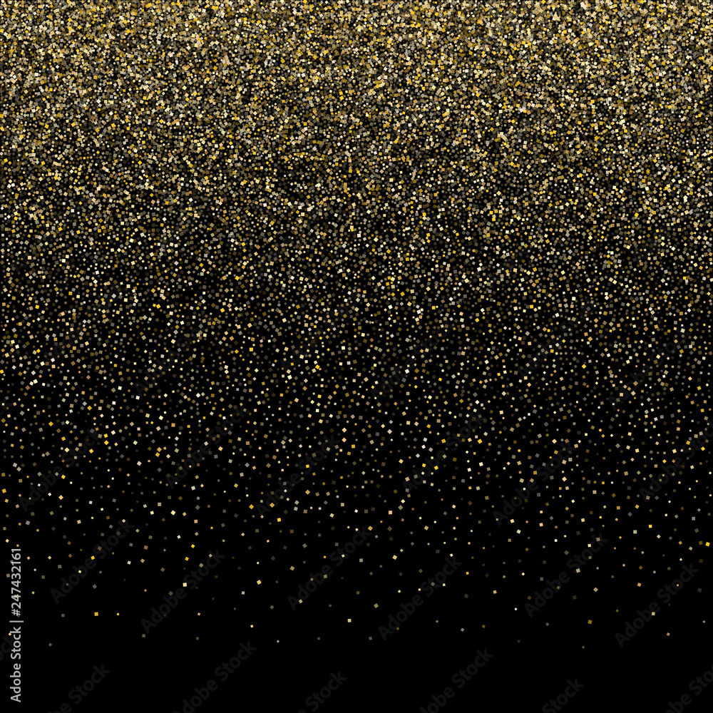 Gold sparkles glitter dust metallic confetti on black vector background. Gold sparkles glitter dust metallic confetti on black vector background.