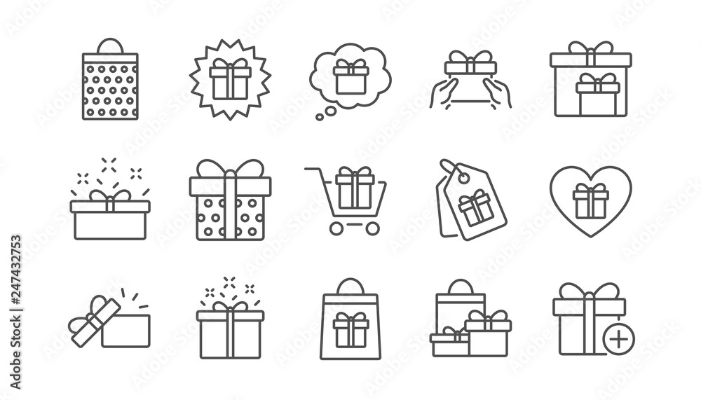 Gift line icons. Present, Special offer and Sale. Shopping linear icon set.  Vector