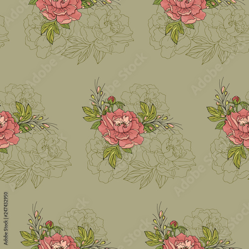 Seamless pattern. Arrangement of peony flowers on a green background.